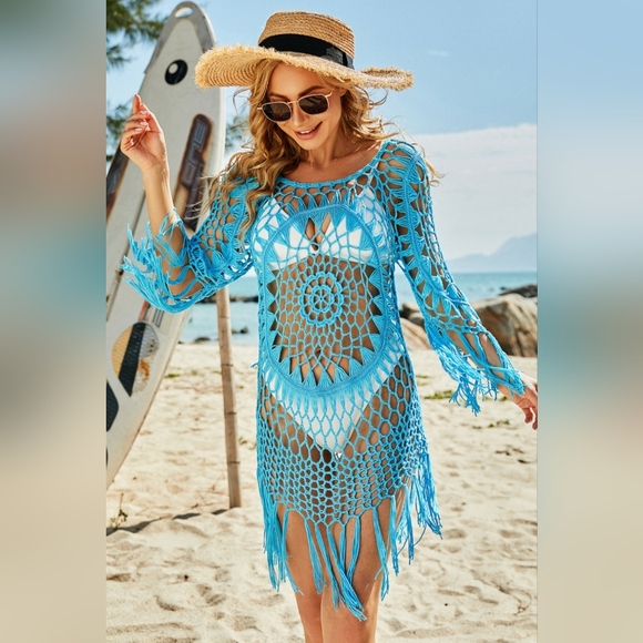 Crochet Fringe Preppy Boho Swimwear Bathing Suit Retro Swim Coverup Dress Hippie - Picture 3 of 8